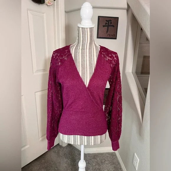 Anthropologie $98 NWOT Plum Laced Balloon Sleeve  Sweater Blouse Size Small - Picture 5 of 12